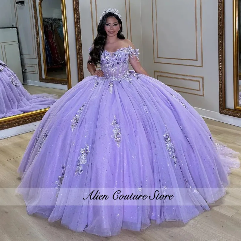2025 Princesse Lilas Robe De Bal Robes De Quinceanera Dentelle Appliques Hors Épaule Robe De Soirée Robes De Soirée