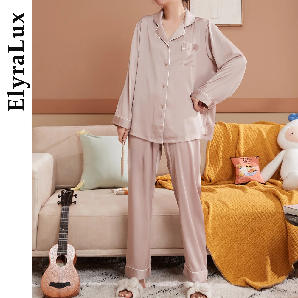 

ElyraLux Silk Satin Solid Color Sleepwear for Women Long Sleeve Pajama Button-Down Pijama Autumn Loungewear Home Cloths