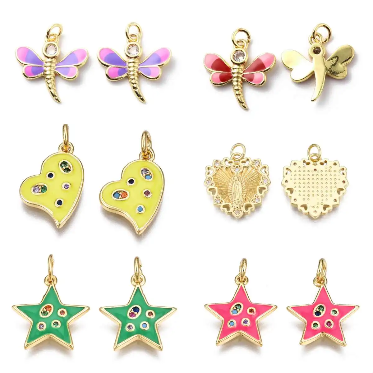 10pcs Brass Cubic Zirconia Pendants, Colorful Dragonfly Star Real Gold Plated