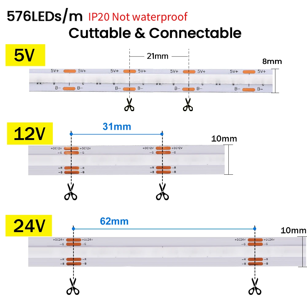 RGB COB LED Strip Light High Density 576LEDs/M Flexible LED Tape Light Dimmable Linear Ribbon DC5V 12V 24V 1-5M/Roll Room Decor