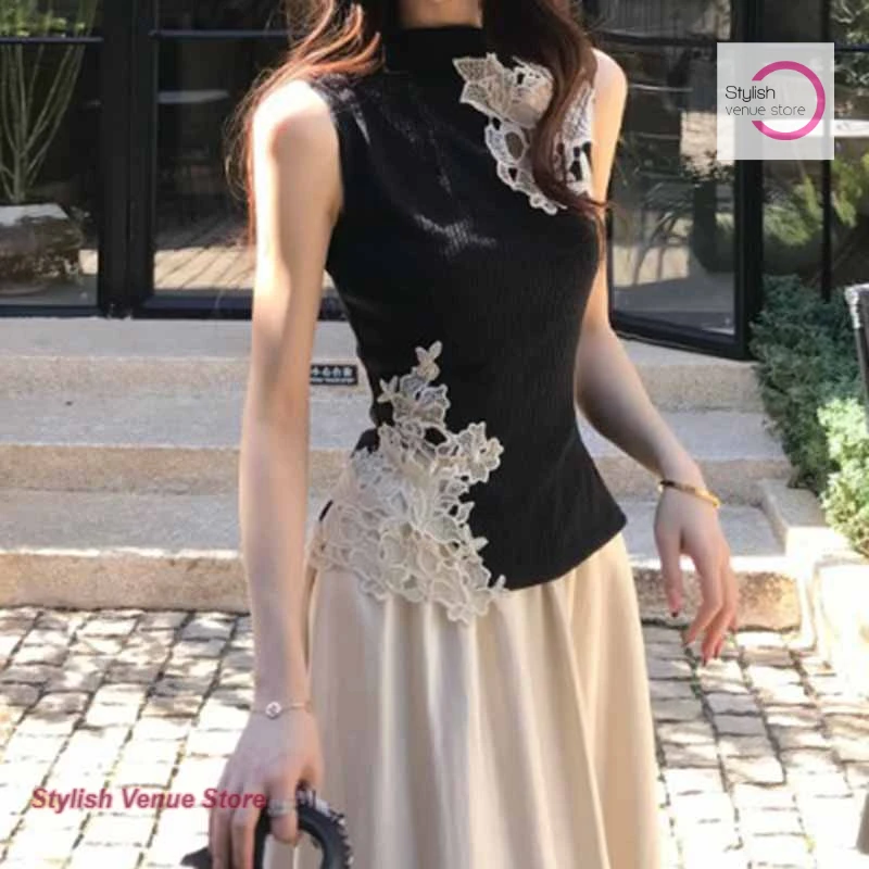 

Chinese style black lace stitching sleeveless vest women's spring and summer new fashion with slim design and hollow casual top.
