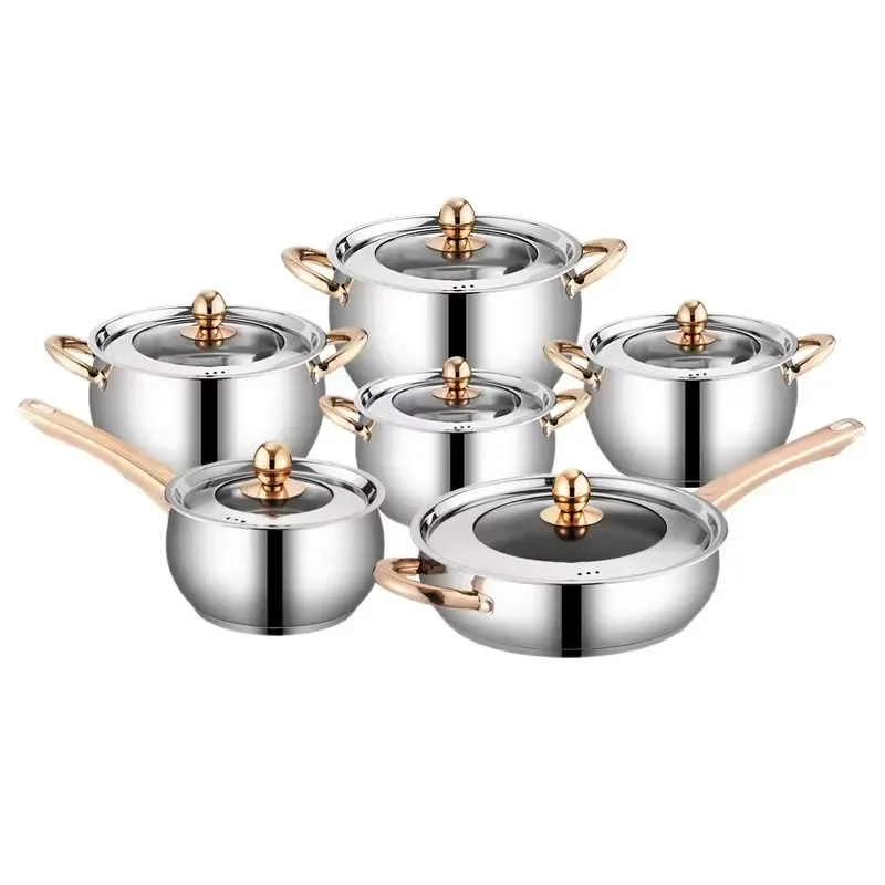 Best Selling Mirror Polished Stainless Steel Kitchenware Deluxe Gold Handle 6-piece Pot Gift Set Suitable for Family Daily