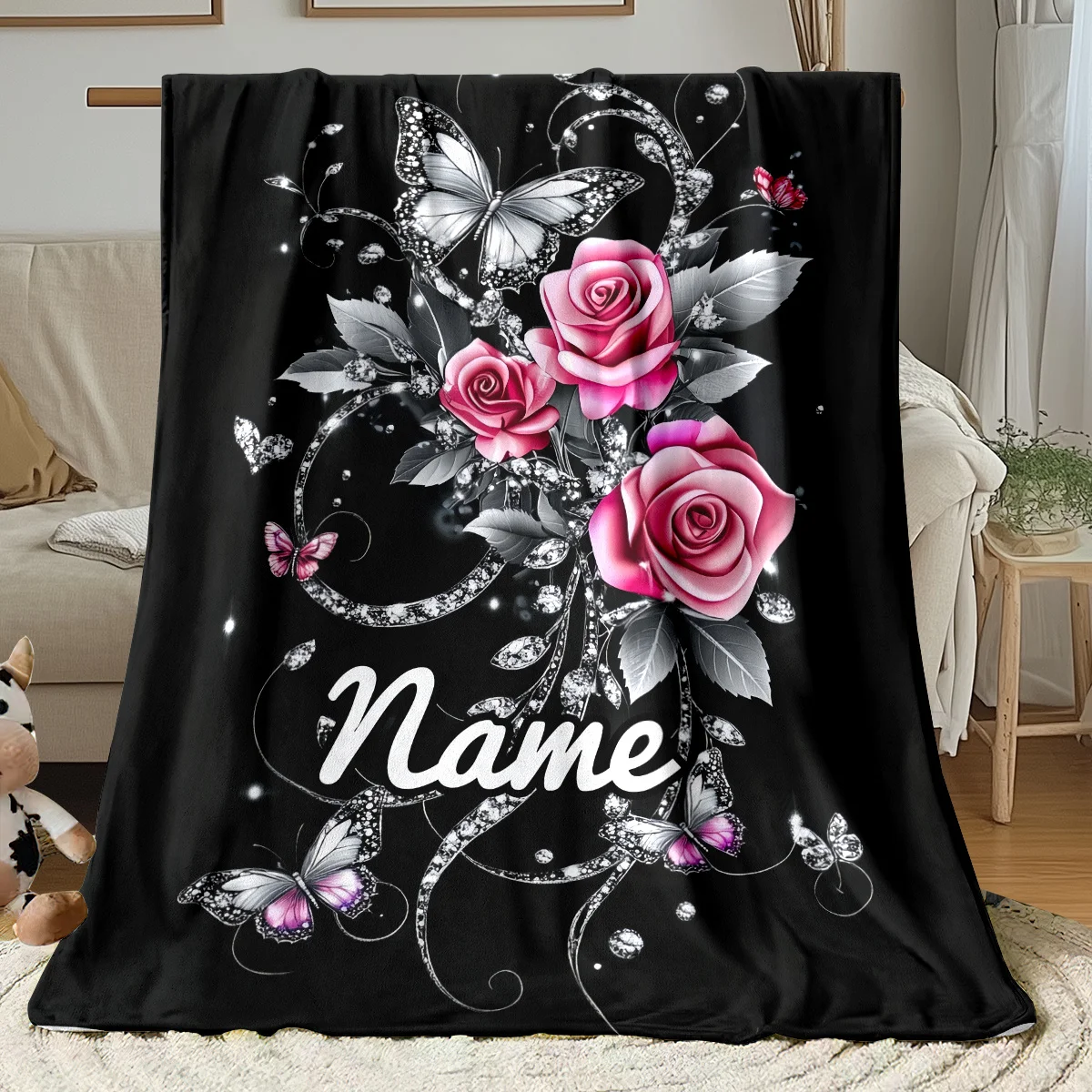Leichte Flanelldecke mit individuellem Namen und Diamant-Rose-Design – weich, warm und gemütlich für Sofa, Bett, Reisen