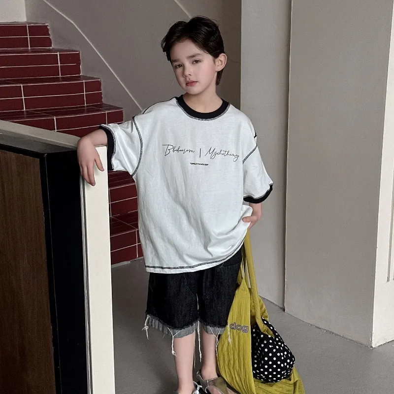 

Boys' Short-sleeved Summer Cotton T-shirt 2026 New Children's Loose Splicing Half-sleeved Top Children's Trendy Brand T