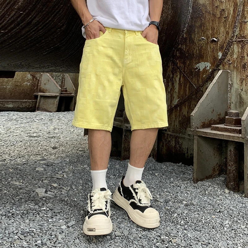 

100% Cotton Yellow Premium Washed Jacquard Denim Shorts Summer Streetwear Men's Straight Cut Mid-Length Trendy Shorts Plus Size