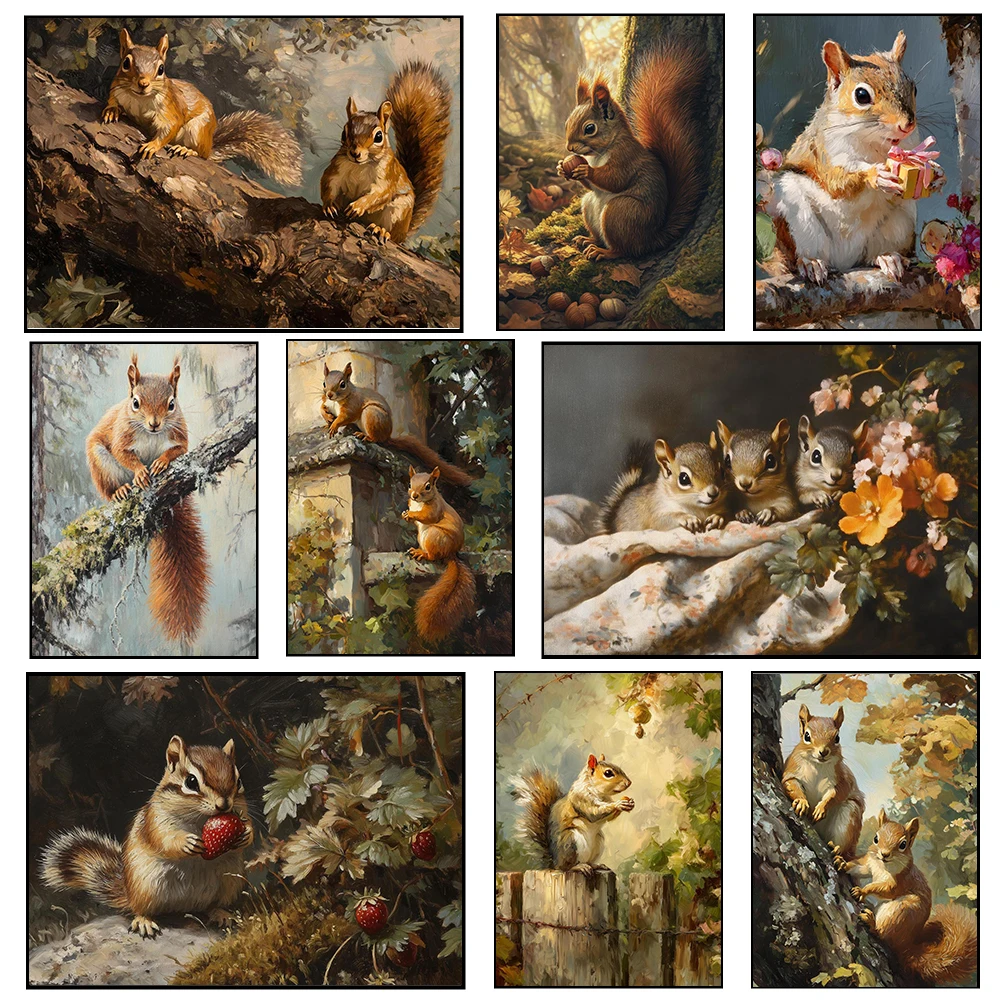 Lively And Dynamic Forest Elf Squirrel Oil Painting Art Poster Canvas Printing Cabin Bedroom Wall Decoration Painting Frameless