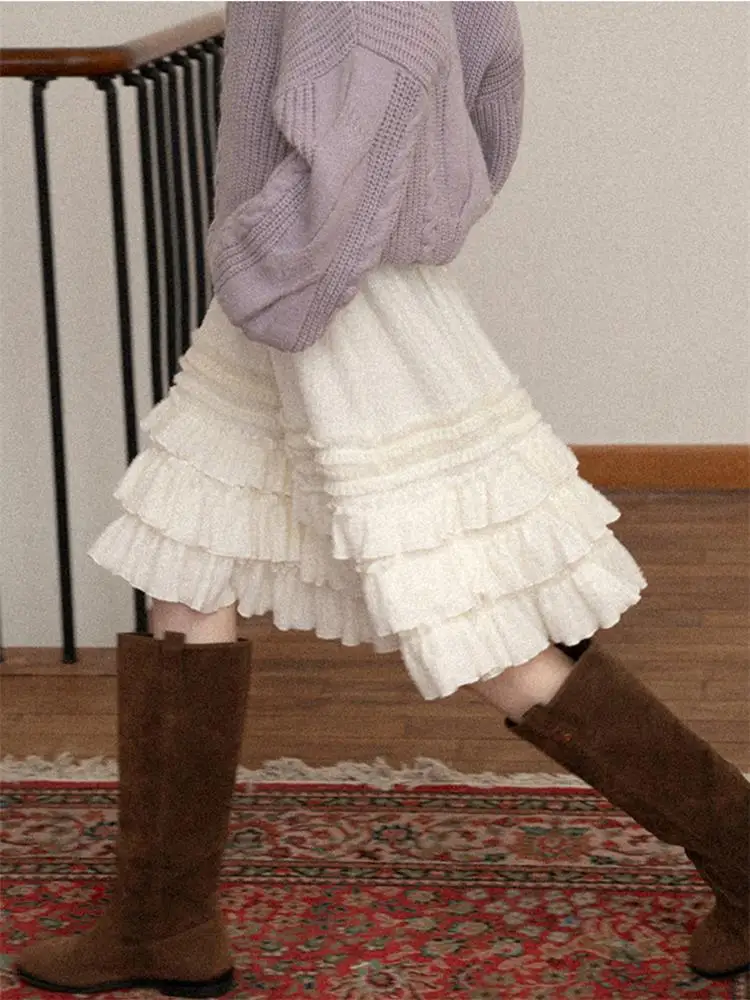 Korean Style High Waist A-Line Skirt with Cake Design And Ear Mushroom Soft Tawny Color Commute Casual Skirt