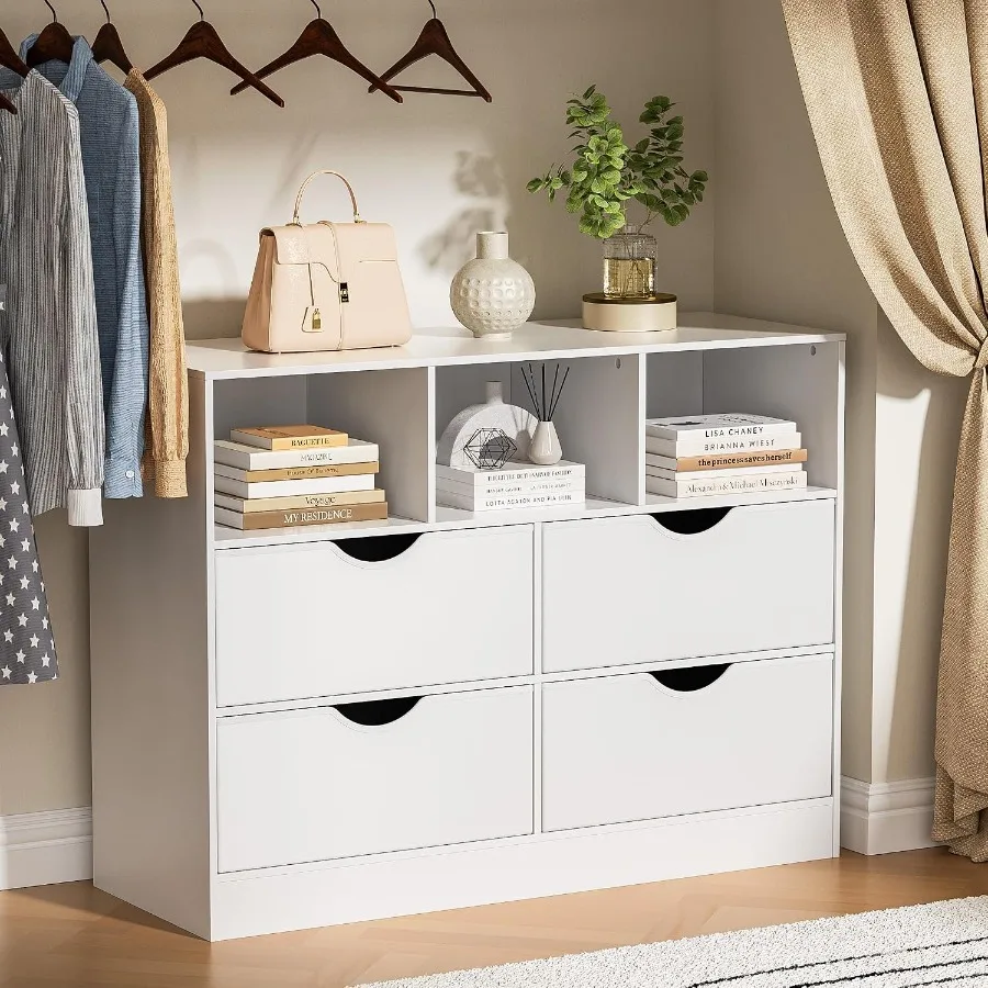 4 Drawers Dresser with Open Cube, Chest of Drawers, Fabric PU Closet Drawer Dresser Large Organizer