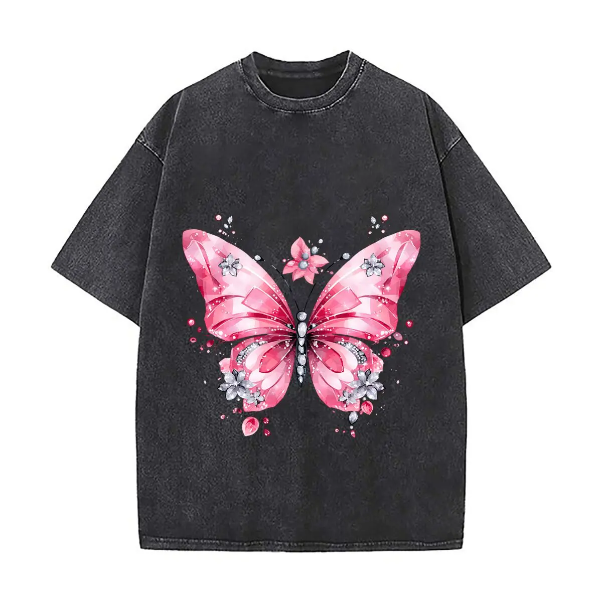 Pink Crystal Sparkling Butterfly Flower Decor Distressed Faded Baggy Streetwear Tops for Park Hangouts