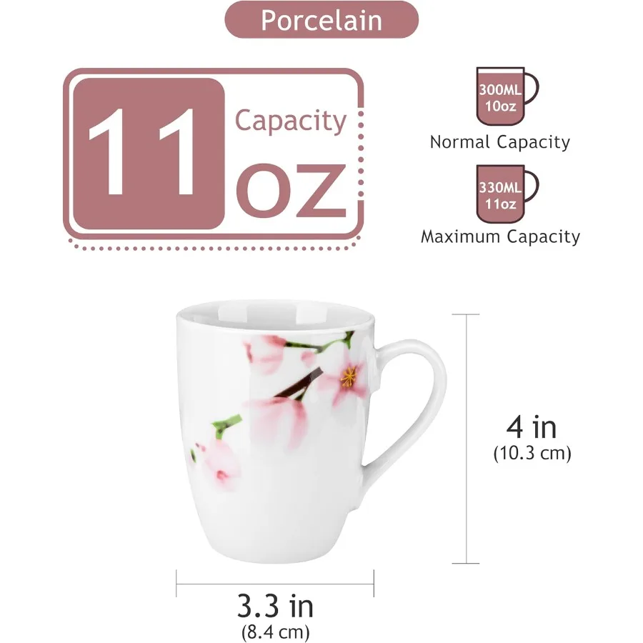 مجموعة من 6 أكواب قهوة سعة 11 أونصة مع مقبض مجموعة أكواب سيراميك بتصميم زهور للاستخدام في المطبخ مثالية للميكروويف الروتيني الصباحي اليومي #3
