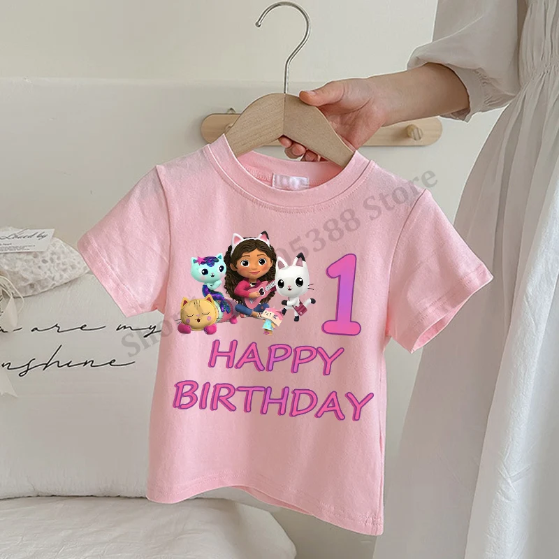 Gabby Dollhouse T-shirts for Children Anime Cartoon Number Printing Top Summer Short Sleeved Clothing Girls Fashion Pink Clothes