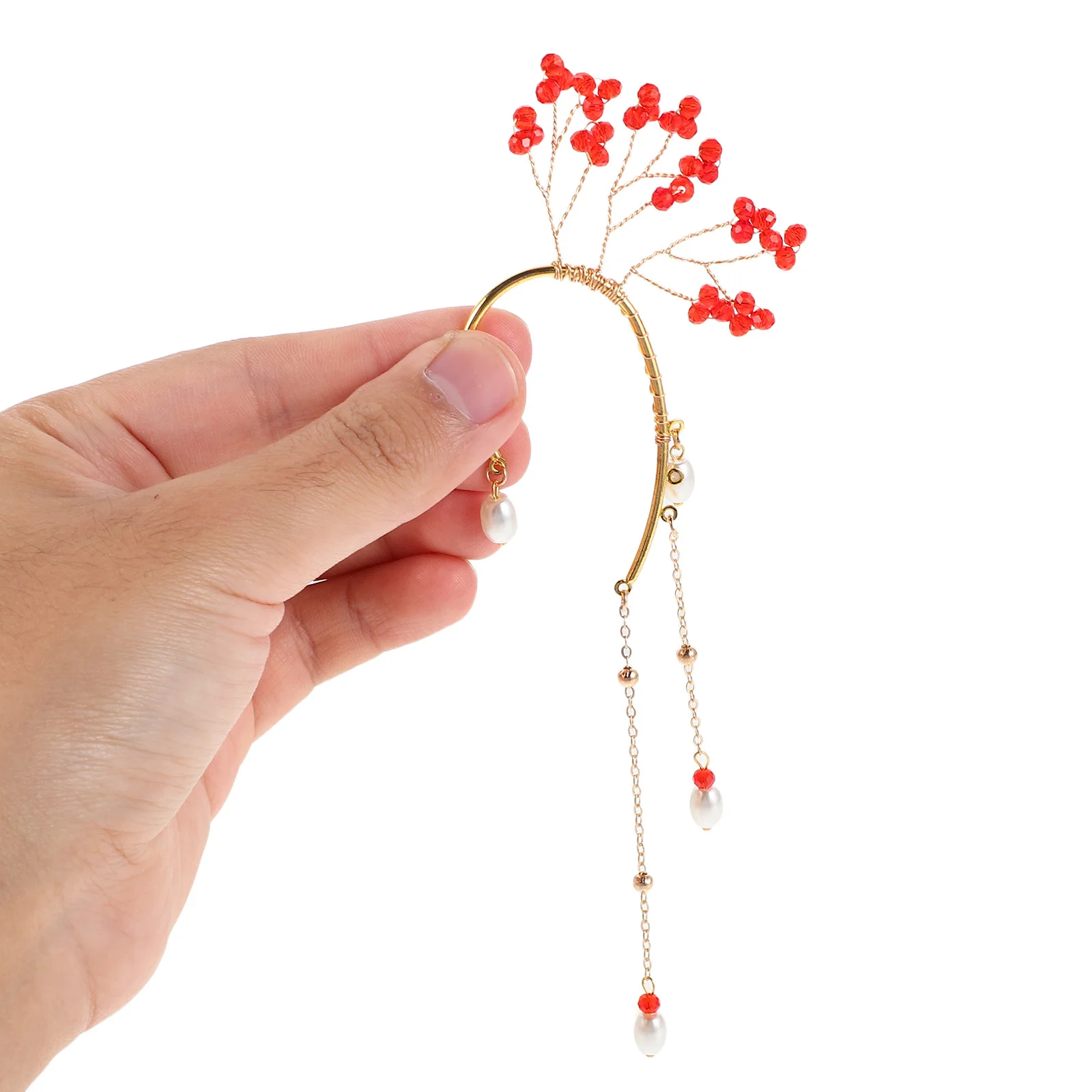 

1Pair Sparkling Rhinestone Tassel Earrings Women's Red Dangle Drop Clip on Ear Wraps Fairy Elf Style Vintage Chinese Inspired