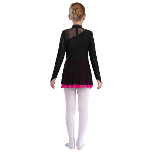 Imagen 2 del producto Vestidos de baile de patinaje artístico para niñas, vestido de leotardo de malla transparente con diamantes de imitación brillantes para Ballet, Ropa de baile lírico