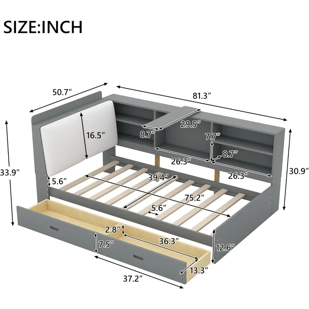 Wood L Shaped Twin Platform Bed Frame with Shelves, Twin Sofa Bed Frame, Twin Size Daybed with 2 Storage Drawers and Bookcase