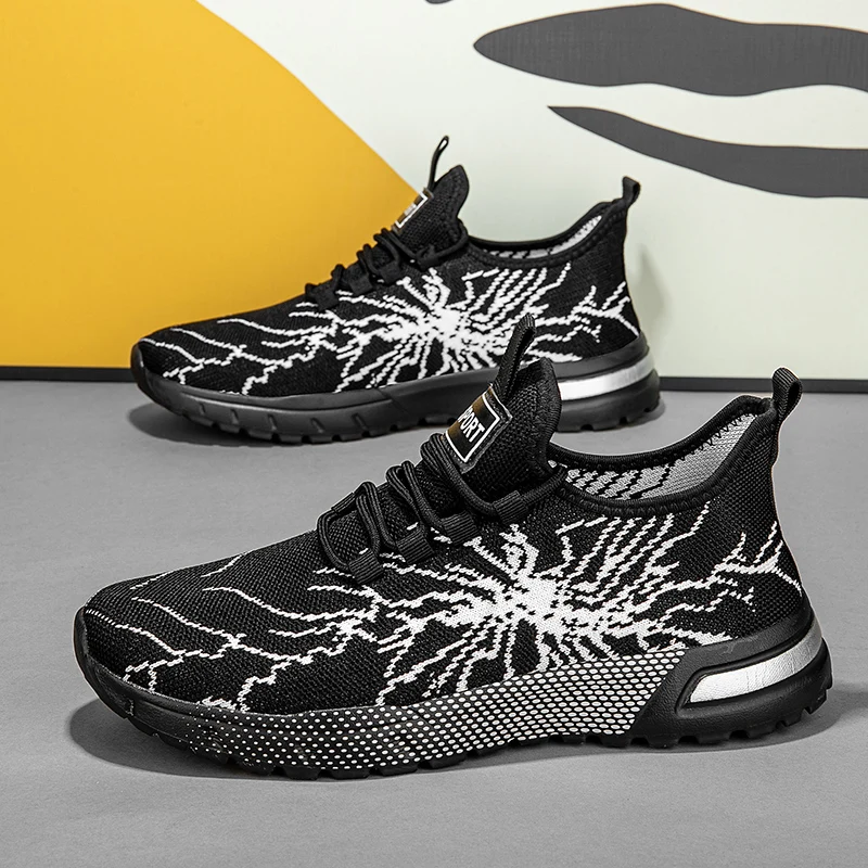 

Sneakers Man Mesh Breathable Flat Outdoor Sports Casual Comfortable Walking Lace-up Lightning Pattern Trendy Running Shoes Men