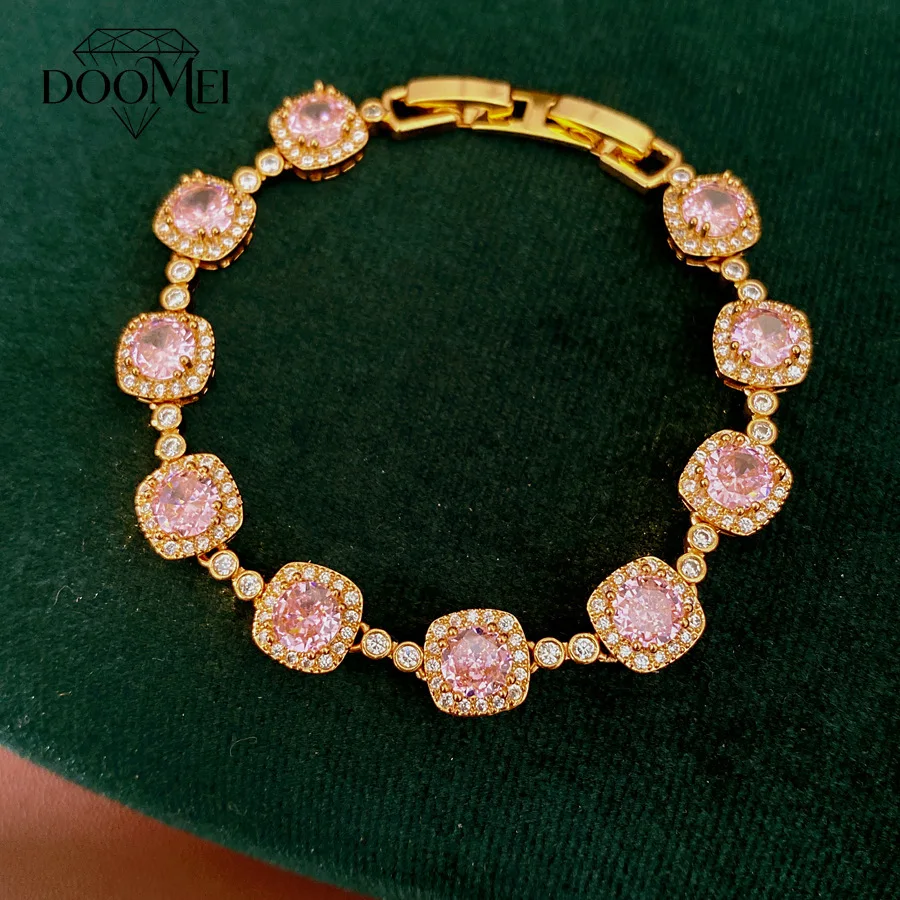 DOO MEI Shiny Pink Zircon Link Bracelets Bangles Women's Fashion Square Rhinestone Wrist Chain Wedding Party Fashion Jewelry