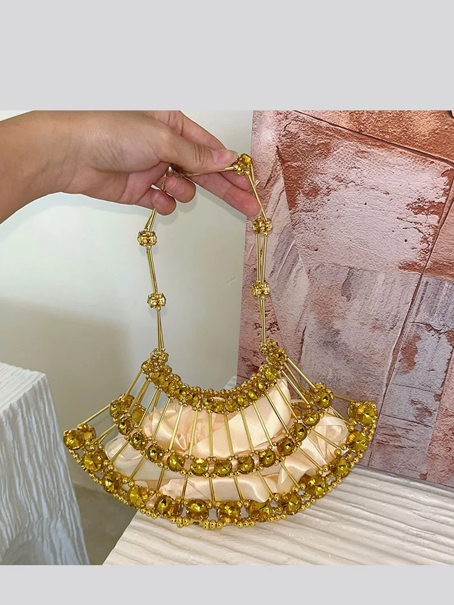 UGALS Golden Retro Handcrafted Pearl Diamond Hollow Fan Shaped Clutch Bag Soft Handle for Evening Events Polyester 