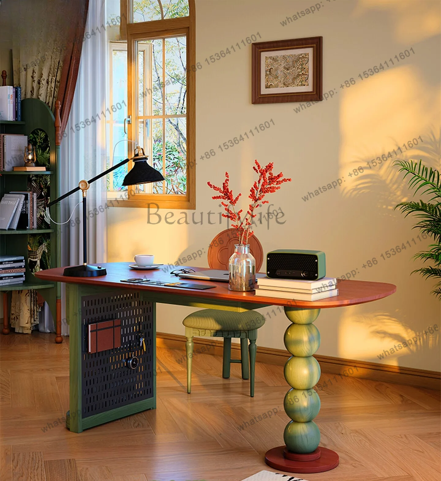 

Hole board integrated desk antique solid wood with drawers French retro shelf computer desk