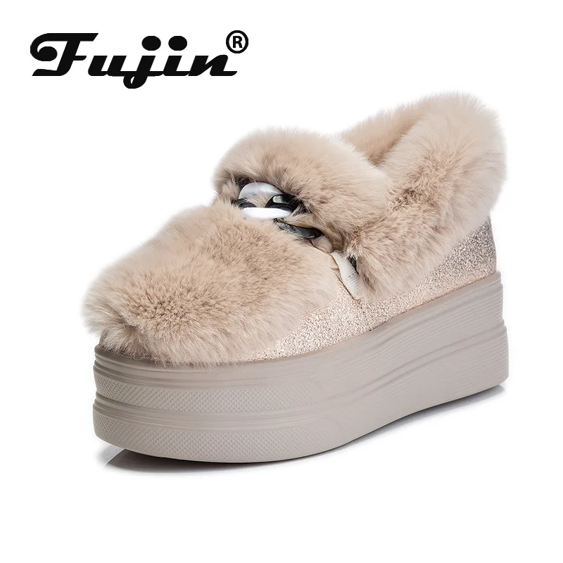 Fujin 8cm Platform Wedge Sneakers scarpe grosse scarpe invernali da donna stivali pelliccia peluche moda microfibra scarpe Casual da donna in pelle