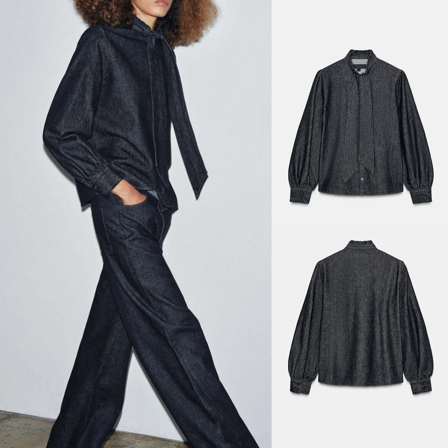 

Autumn Winter Casual Women's Long Sve irt Knot Decorated Single Button Denim irt Straight Cut Retro Sle