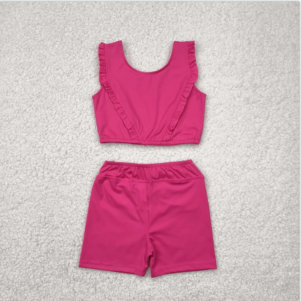 

Hot Sale Baby Girls Swimsuits Dark Pink Yoga Active Wear Athletic Dresses Boutique Kids Designer Clothes Girls Dress Shorts Sets
