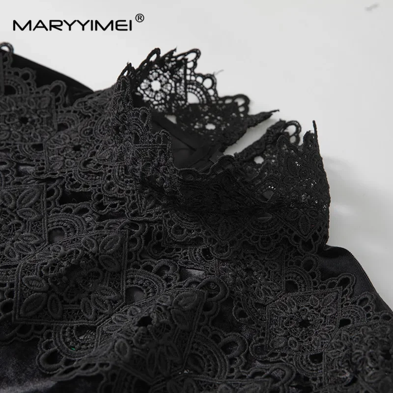 เกดิโวเอนฤดูใบไม้ร่วงและฤดูหนาวสไตล์ใหม่ชุดสตรีคอปกครึ่งแขนลูกปัดลูกไม้ประกบชุดกลวงออก