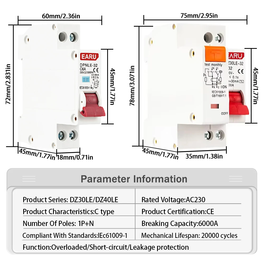 Interruptor automático diferencial atual residual, sobre a proteção atual do escapamento, DPNL 230V 50 60Hz RCBO MCB 1P + N 6KA