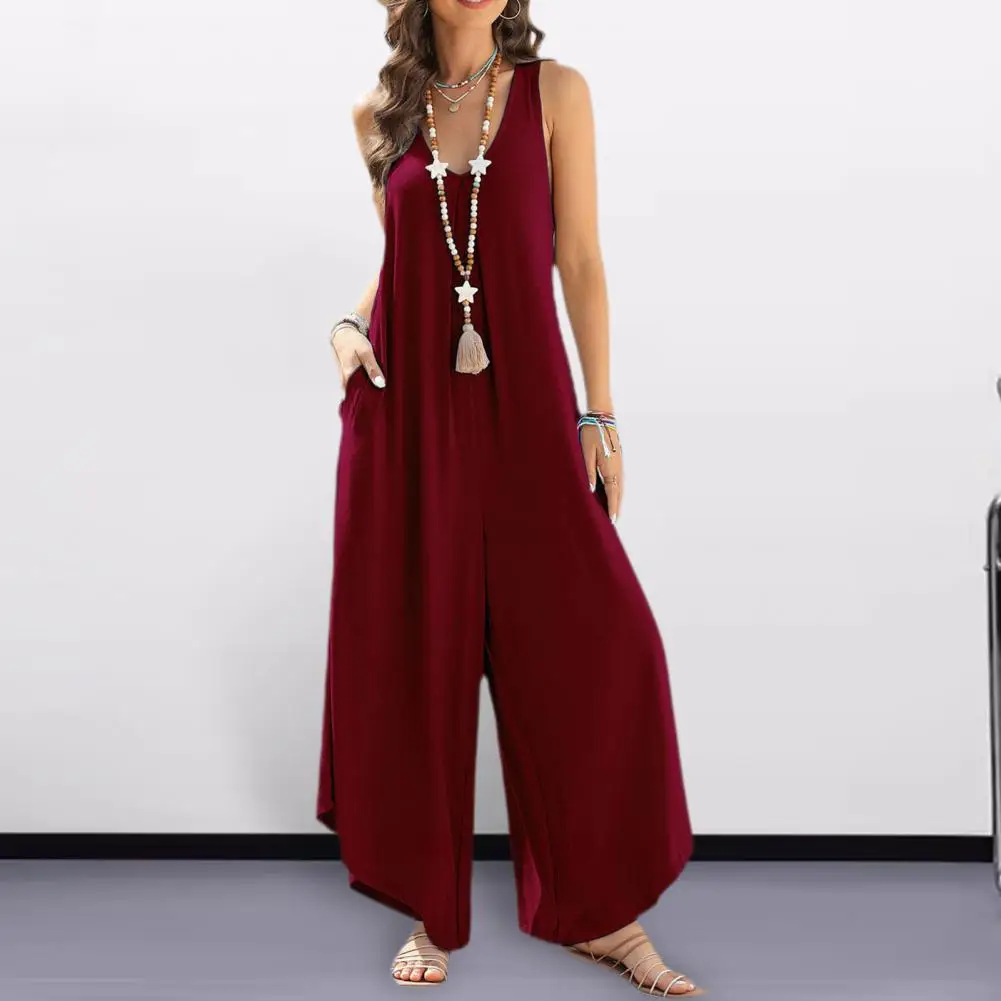 

Full-length Women Jumpsuit Stylish Women's Sleeveless Wide Leg Jumpsuit with V Neck Pockets Soft Comfortable for Summer for A