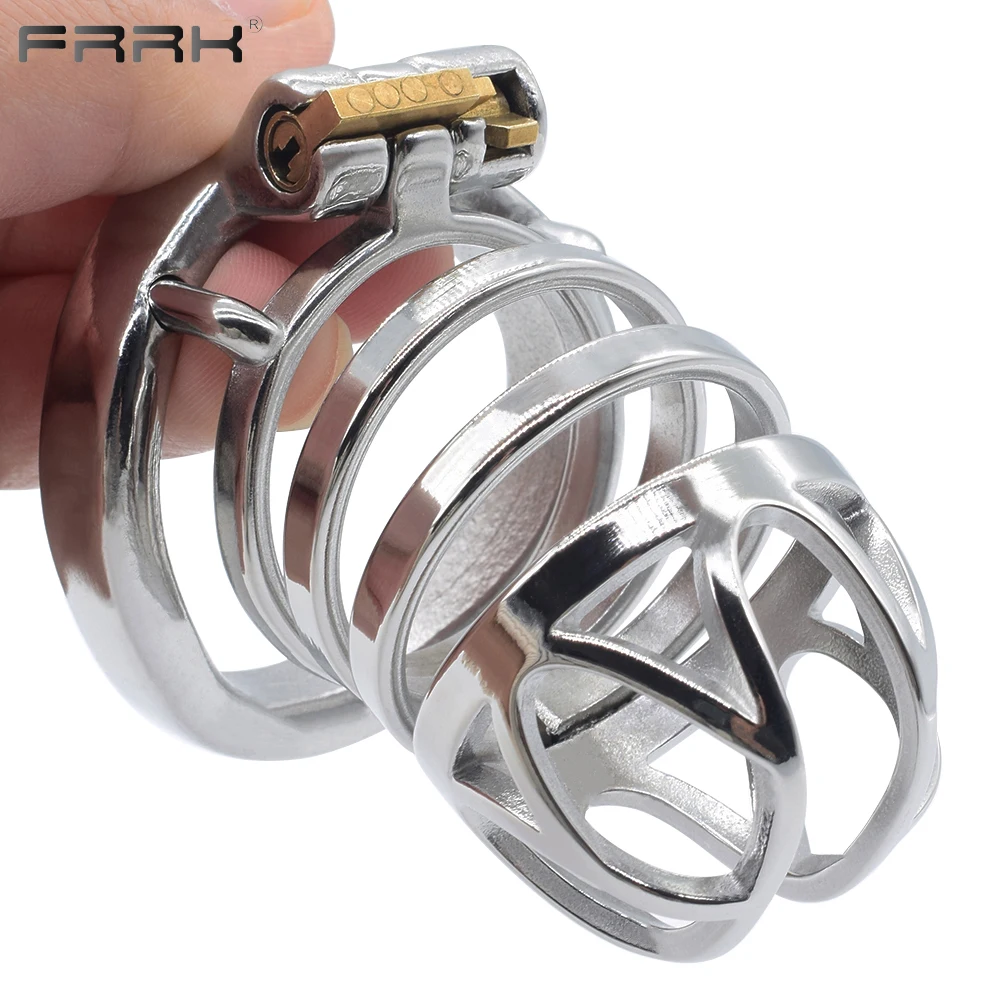 FRRK Male Chastity Penis Cage SG Metal Cock Rings Steel Bondage Devices BDSM Securely Locked Adult Sex Toys for Men CBT Play