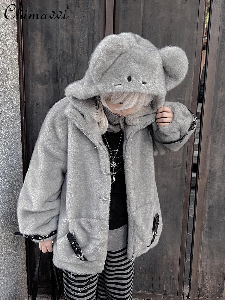 

Милое пальто из овечьей шерсти с большими ушами для женщин, зимняя одежда, новая модная свободная милая крутая пушистая флисовая утепленная теплая хлопковая куртка