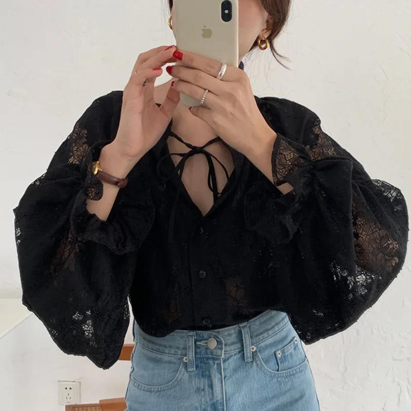 

Women's plus Size Shirt Spring Summer New Style Belted Lace Splicing Lantern Sleeve Blouse Loose Fit Long Sleeve Commute Style