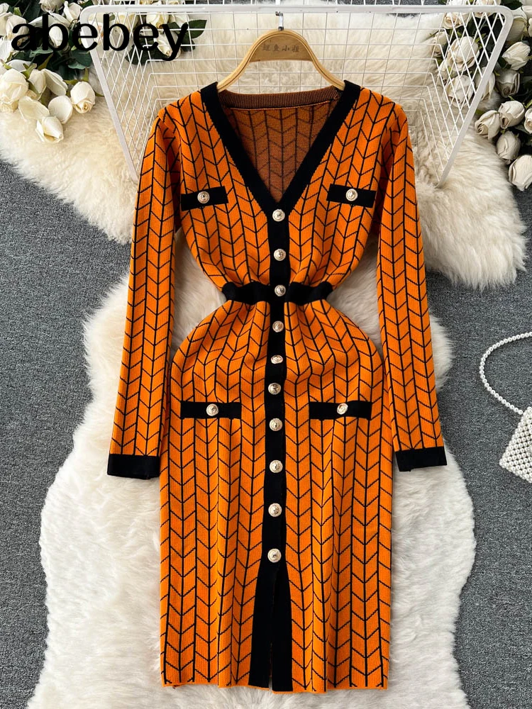 Autumn French Plaid Knitted Dress Women V Neck Sweater Sheath Hight Quality Dress Elastic Waist OL Warm Midi Long Dress