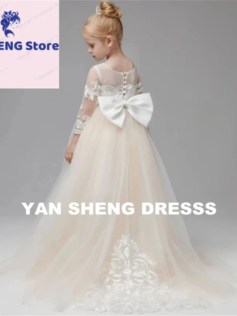 Sukienka dla Druhny na Wesele, Długi Rękaw, Szampańska Księżniczka, Tiulowa, Białe Aplikacje, Kokarda - Strój na Wesele, Urodziny