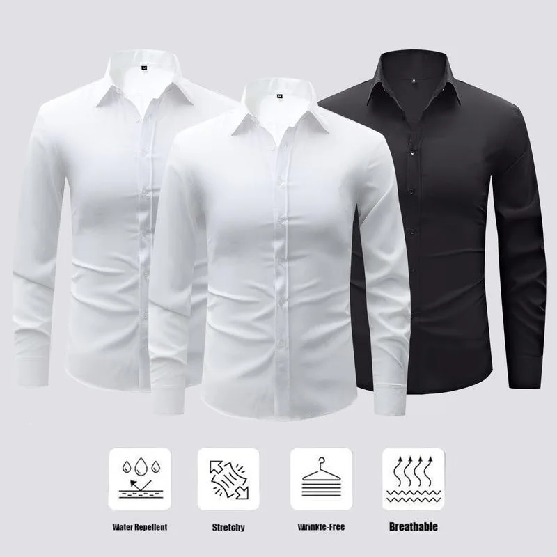 Men's Classic Long Sleeve Button-Down Shirt Comfortable Polyester Fiber Short Sleeve Pure Color Waist-Cinching Detail