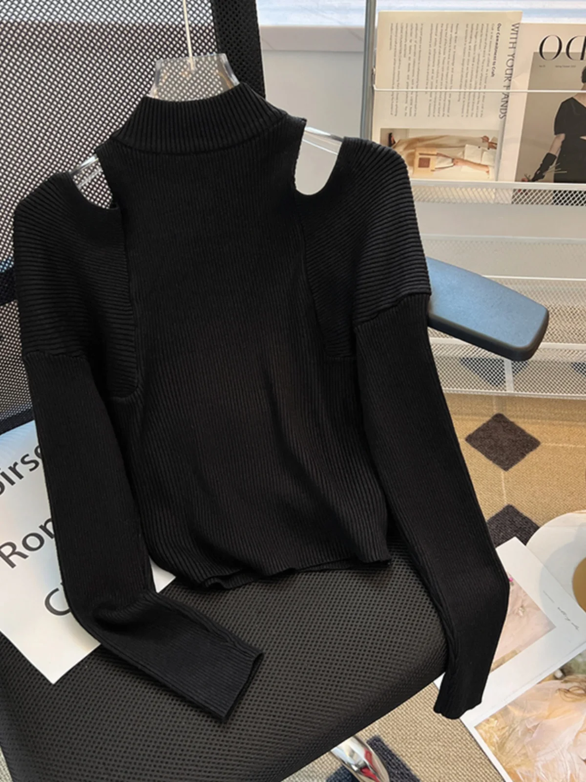 ربيع الخريف oulder Bared المرأة محبوك سترة سستة f عالية طوق قاعدة طبقة العصرية طويلة Sve انبعاث الدفء #2