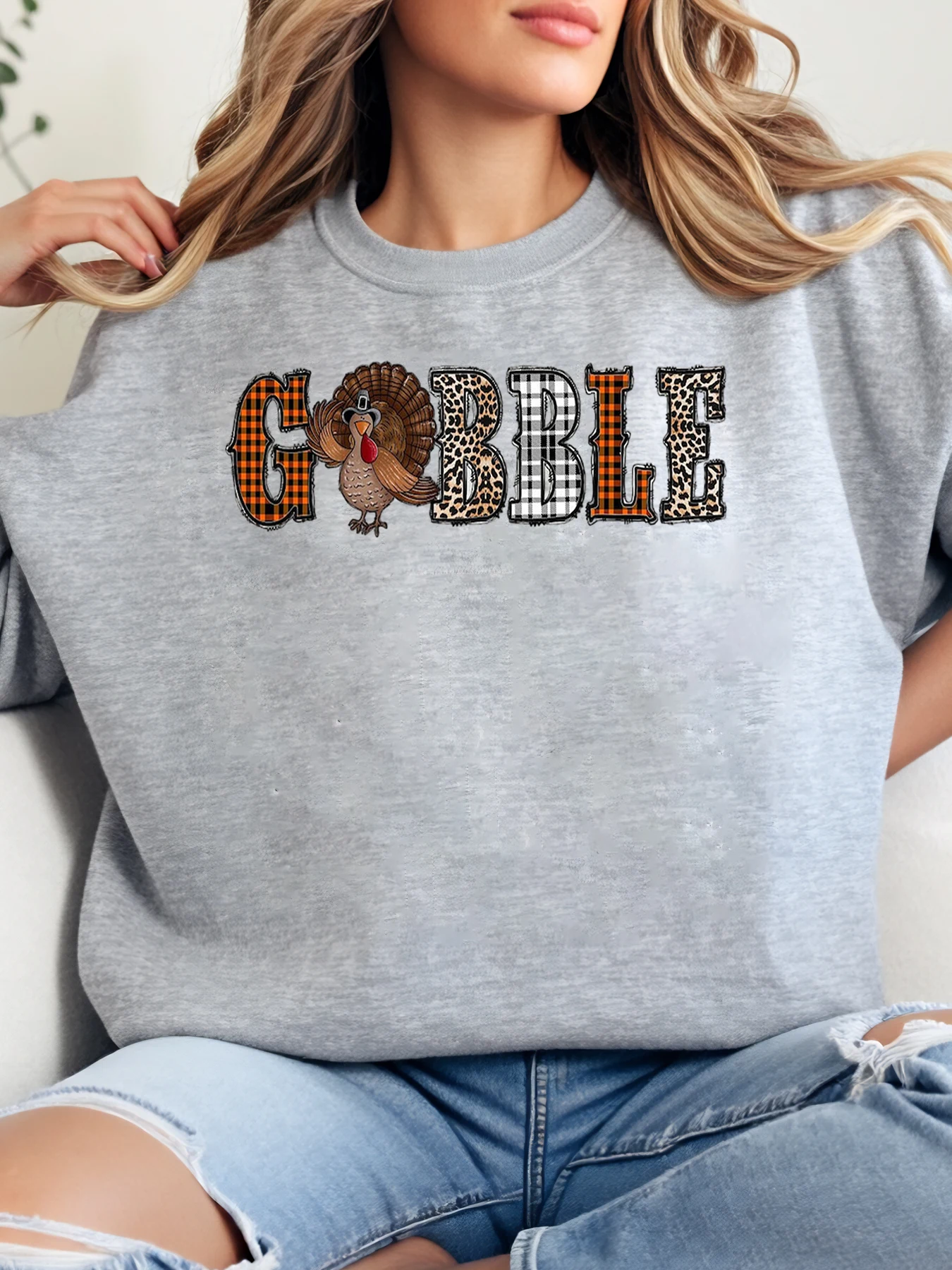 

Женская толстовка с принтом Gobble Turkey на День Благодарения, повседневная осенняя одежда, серая, больших размеров