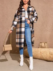 Plus Size 1XL-5XL Women Fashion Plaid Printing Long Coat Ladies Autumn and Winter Long Sleeve Temperament Long Coat