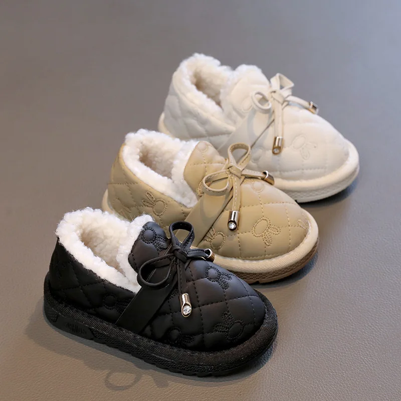 Children Shoe Fashion Soft Soled Toddler Casual Shoes Winter Cotton Inserts Shoe Trendy Leather Cotton Boots Barefoot Shoes Kids