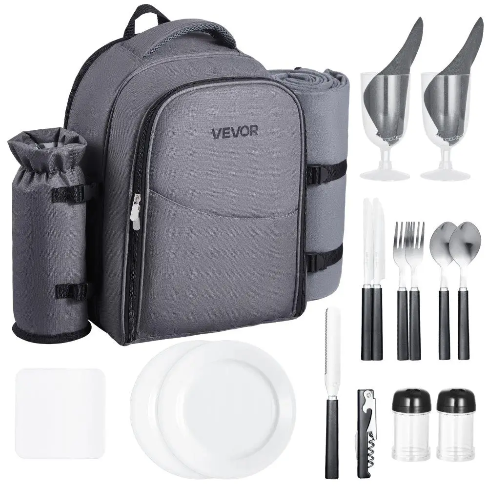 Mochila de picnic en la playa para dos con compartimento térmico aislado de viaje gris