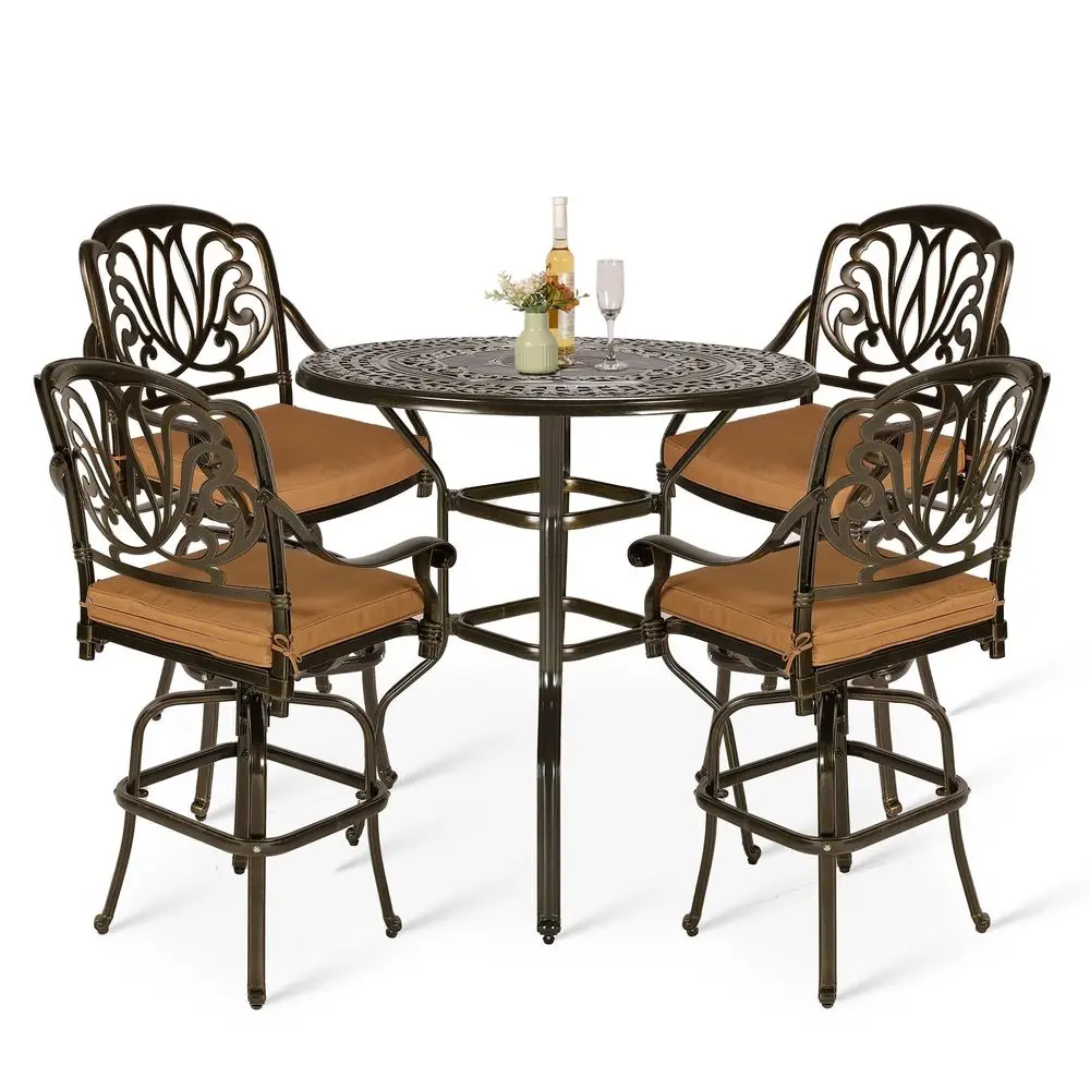 

5Piece Patio Swivel Bar Stools Set, All Weather Cast Aluminum Outdoor Bar Height Bistro Set with 4 Cushioned Bar Chairs amp 38.