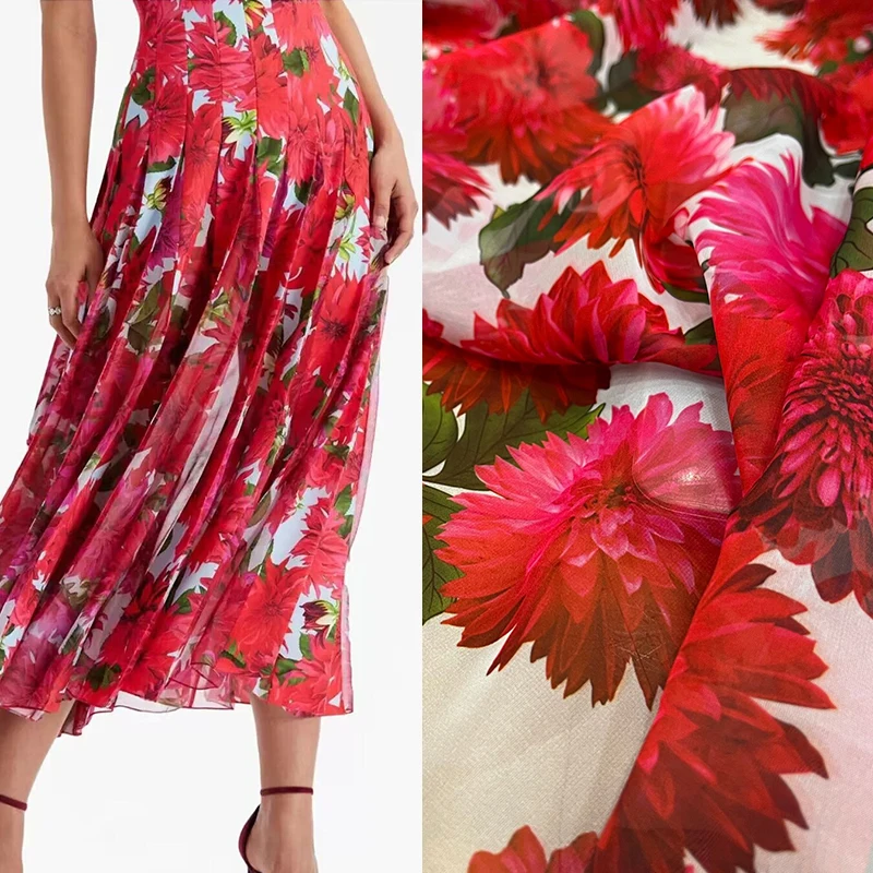 Red Hydrangea Chemical Fiber Chiffon Printed Fabric for Sewing Clothing Fashion High-definition Fabric Spring and Summer