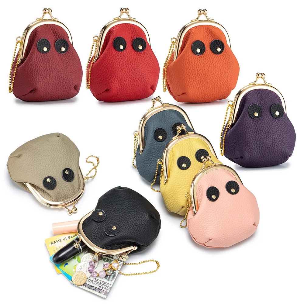 New Genuine Leather Kiss Lock Purse Mini Coin Purse Women Japanese Style Creative Small Bag Lipstick Storage Pouch Portable