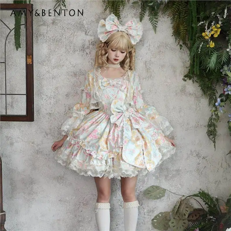 

2026 Summer New Women's Purple Pink Green Yellow Bow Slim Fit Short Lolita Sling Dress with Short Princess Sleeve Cardigan