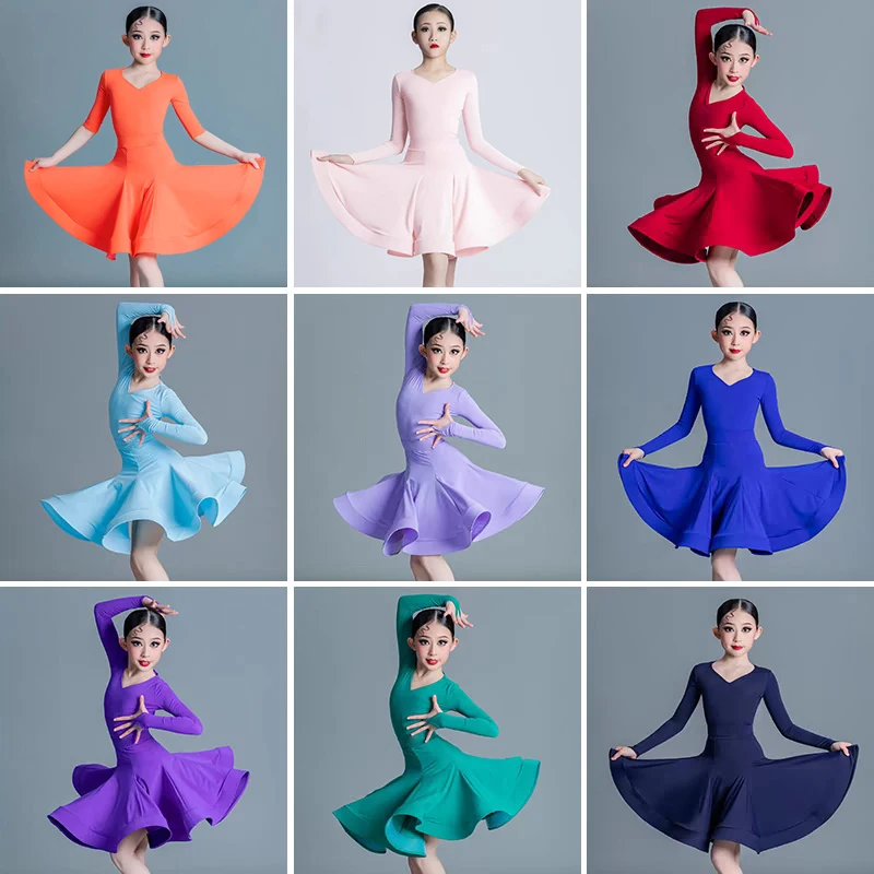 

2025 New Children'S Latin Dance Competition Dress Girls Long Sleeves Ballroom Dance Clothes Kids Professional Dancewear SL12462