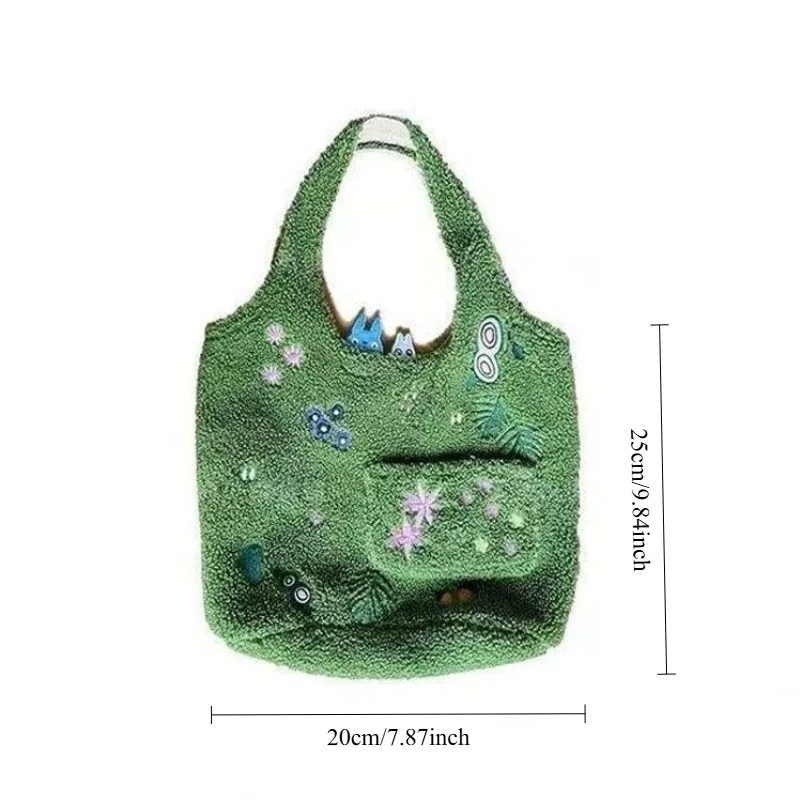 My Neighbor Totoro Reversible Double-sided Plush Handbag, Lovely Embroidered Single Shoulder Bag Soft Fluffy Casual Tote Purse view 6