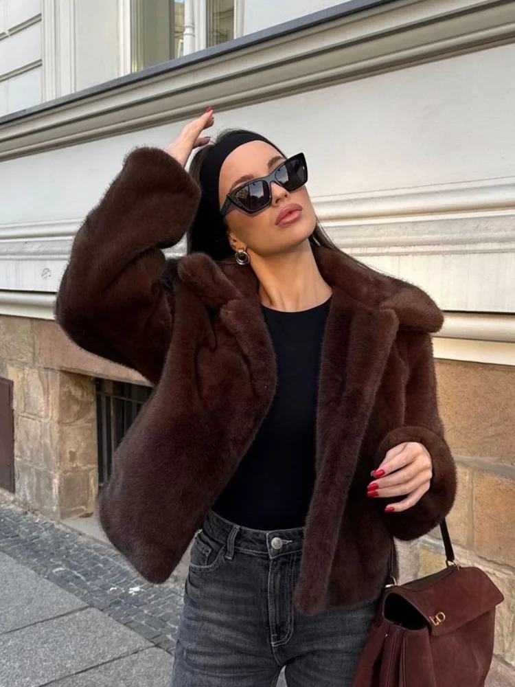 Vintage Brown Lapel Faux Fur Jacket For Women Fashion Solid Long Sleeve Cropped Lapel Coat Winter New Female High Street Outwear