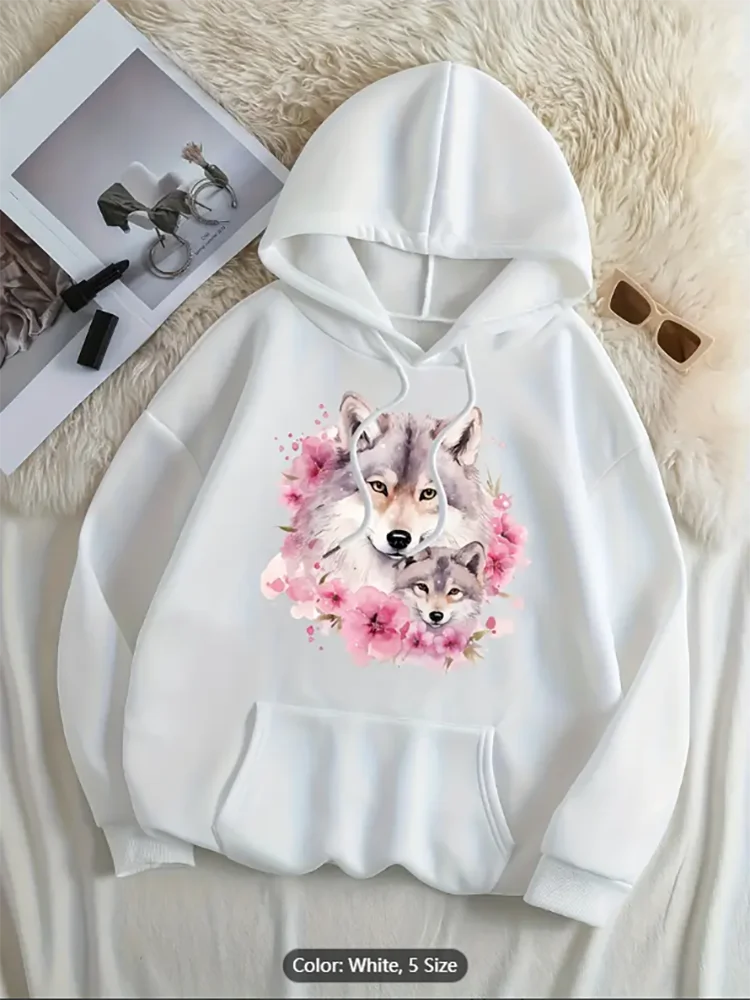

Womens White Hooded Sweatshirt Wolf Cub Floral Art Print Cozy Fleece Lined Pullover Pockets Machine Washable Casual Winter Wear