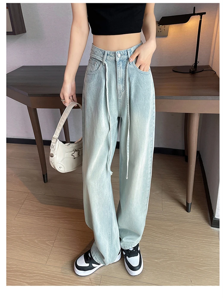

Women's Light Blue High Waist Wide Legs Jeans Vintage Street Trousers Cool Girl Casual Bottoms Female Straight Solid Color Pants