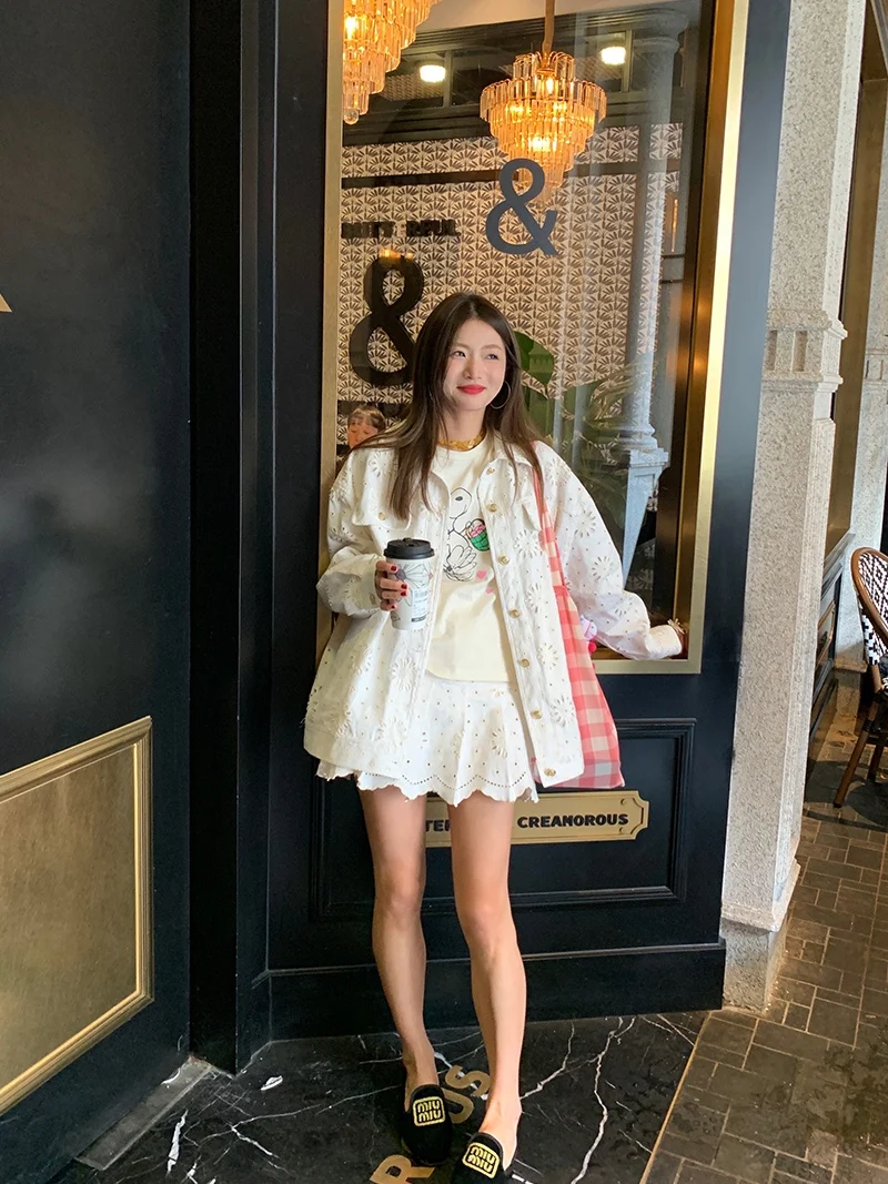 

Весенний модный комплект: женская джинсовая куртка и юбка, белая верхняя одежда, юбка в деловом стиле, хлопок, длинный рукав, отложной воротник