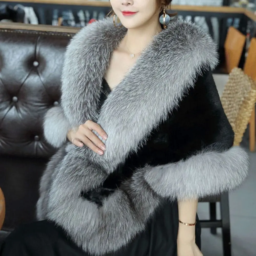 Women Winter Warm Plush Shawl Thicken Bridal Faux Fur Collar Shawl Coat Cloak Outer